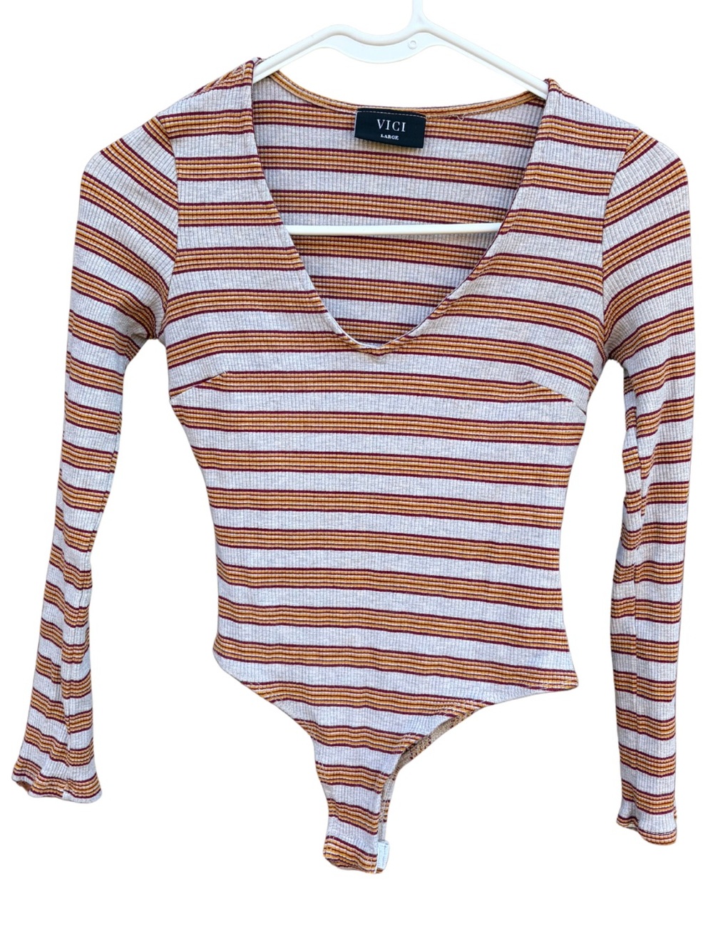 Vici Collection Heather Grey Striped Long Sleeve Ribbed V-Neck Bodysuit L
